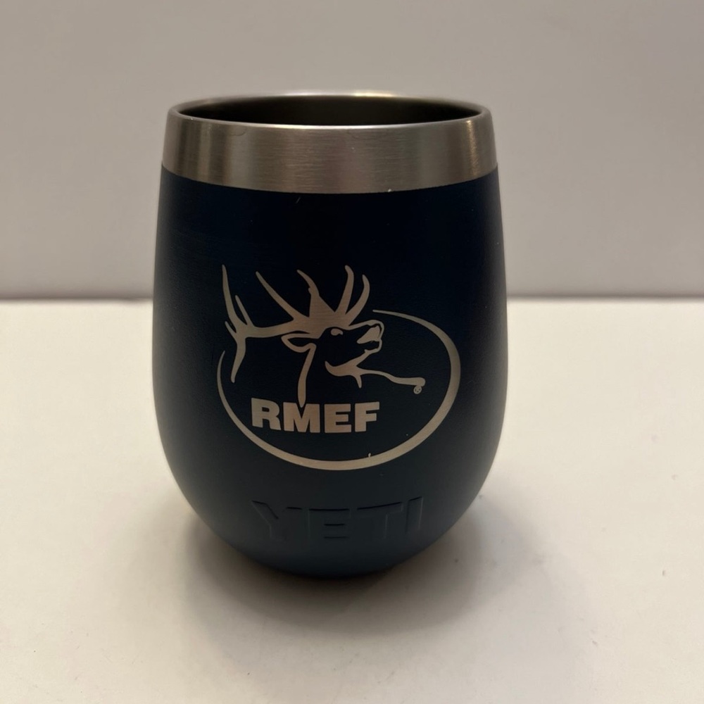 YETI NAVY WINE TUMBLER 10 OZ COMPANY LOGO RMEF(Rocky Mountain Elf Foundation)